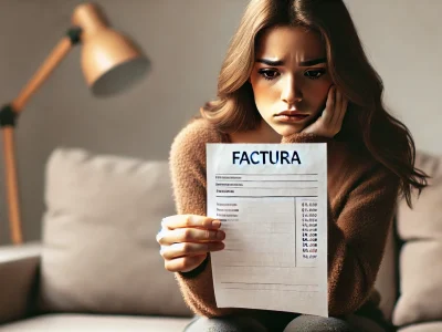 Chica leyendo una factura médica Chica preocupada mientras lee una factura médica elevada.